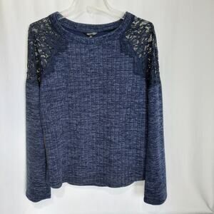 Hannah Heather Blue Long Sleeve Lace Shoulder Sweater
